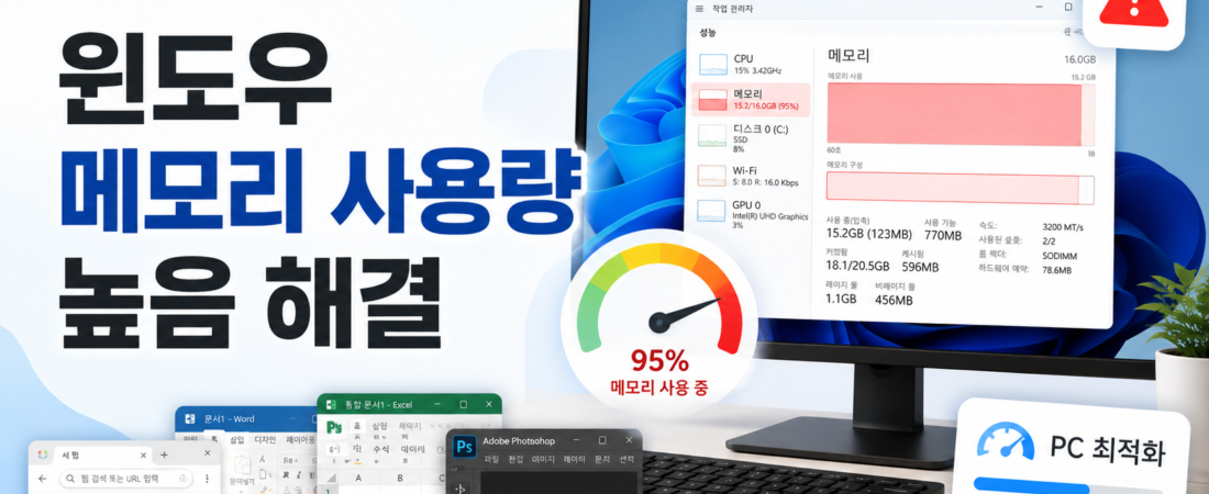 윈도우 메모리 사용량 높음 해결, RAM이 90% 이상일 때 확인할 것
