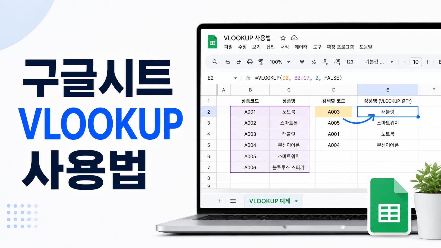 구글시트 표에서 VLOOKUP 함수로 상품명이나 사번을 기준으로 다른 열의 값을 찾아오는 과정을 보여주는 이미지