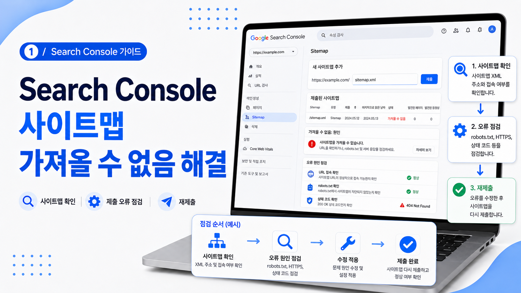 Google Search Console 사이트맵 메뉴에서 가져올 수 없음 또는 Couldn’t fetch 오류가 표시된 화면